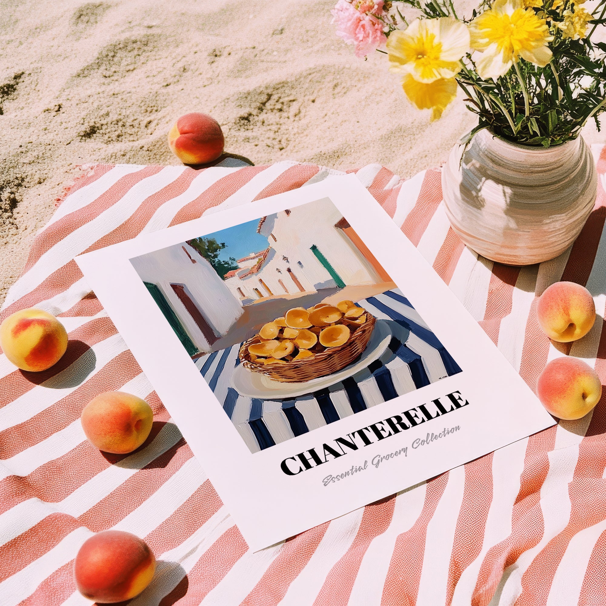 Chanterelle – White village Café on the Corner, Mushrooms Wall Painting, unframed on coastal sand