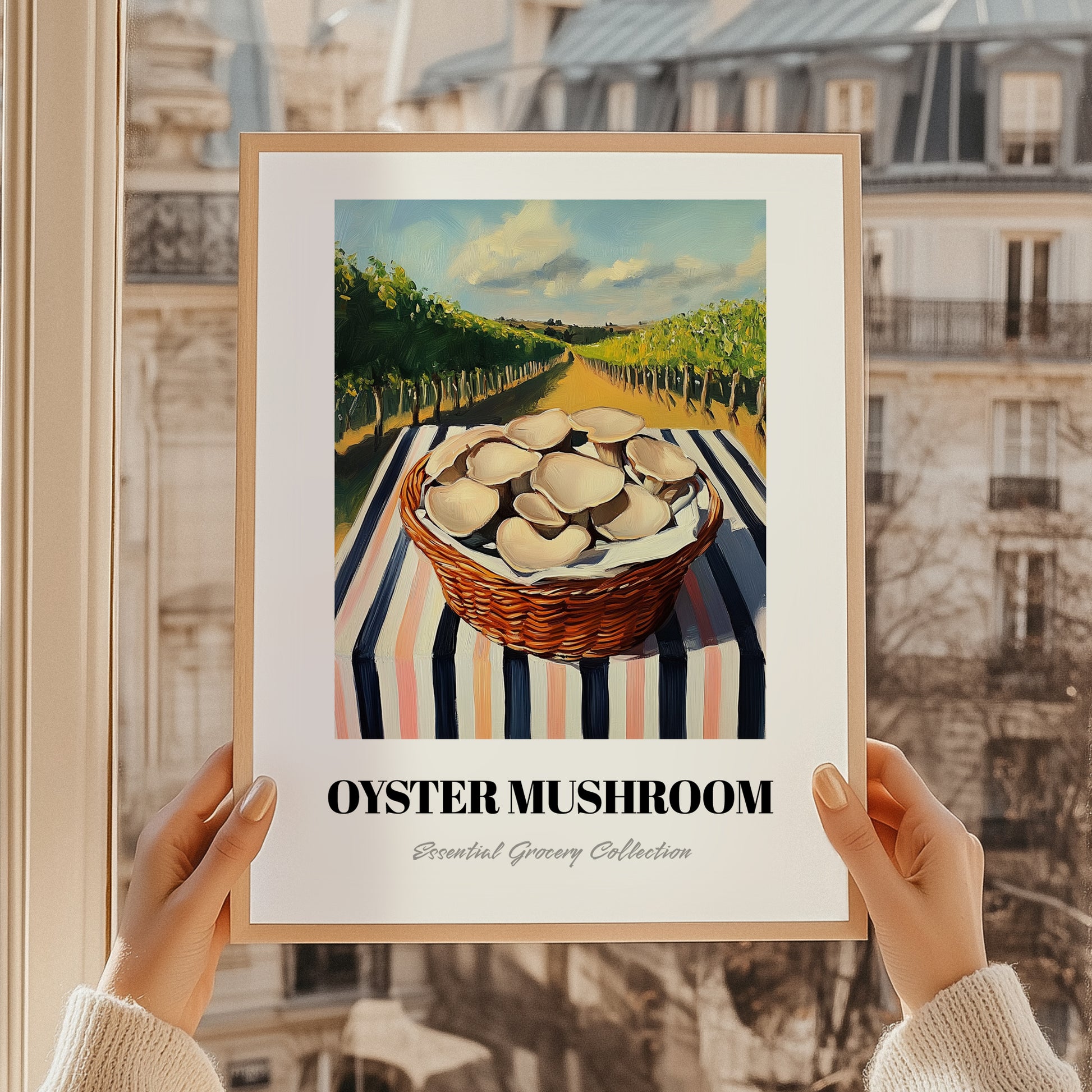 Oyster Mushroom – Green Valley Landscape, Mushrooms Illustration, styled in a charming Paris street view