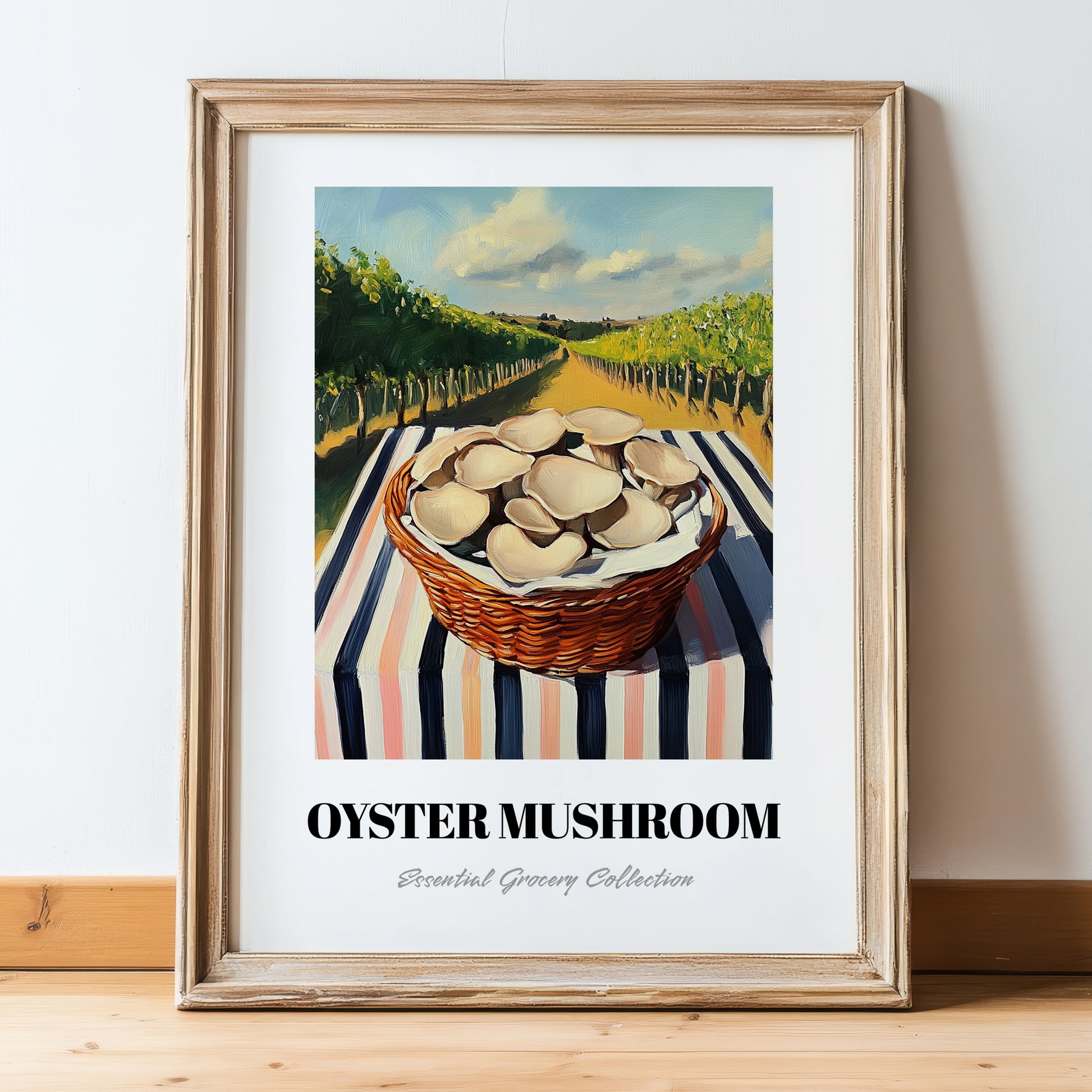 Oyster Mushroom – Green Valley Landscape, Mushrooms Illustration, in wooden frame leaning on the floor