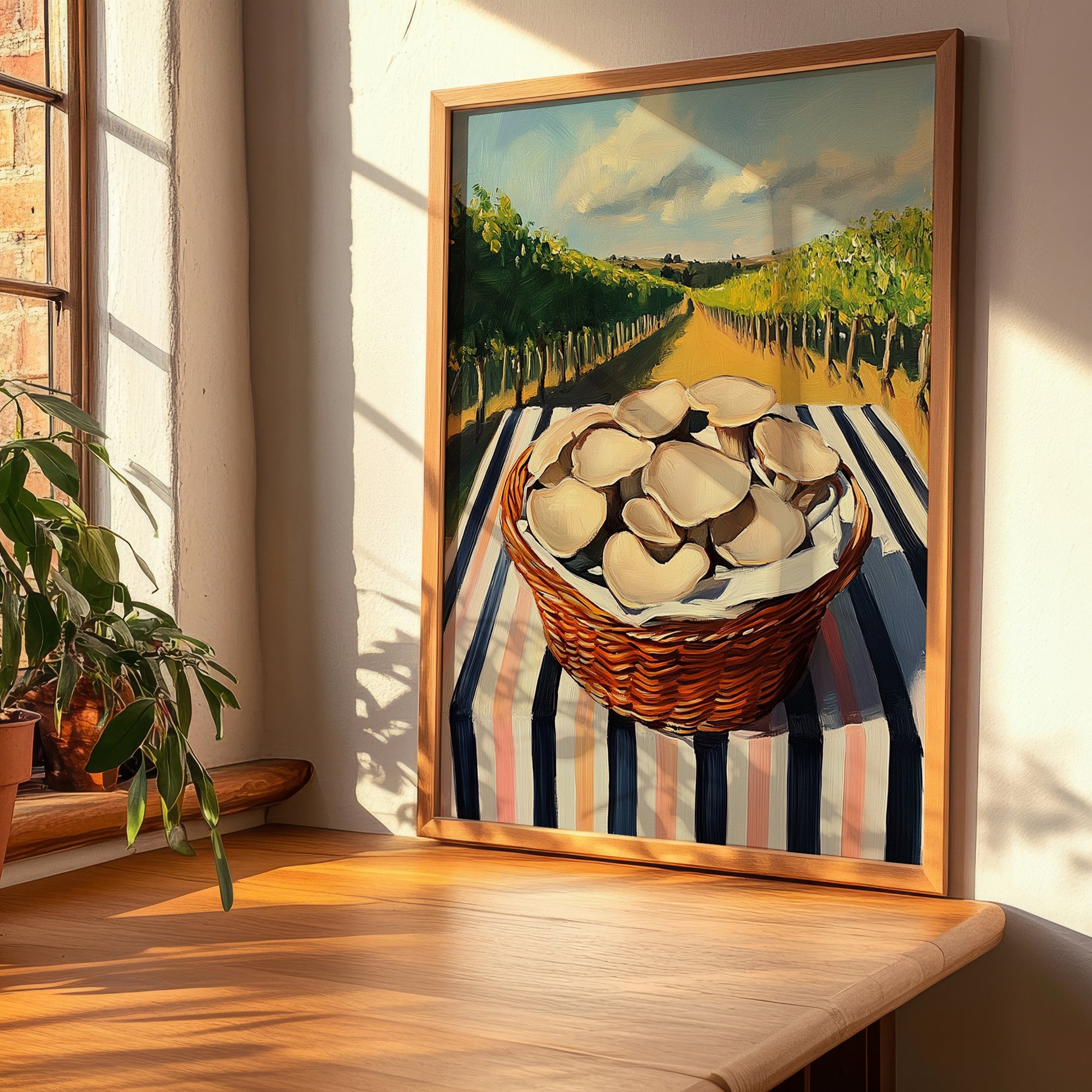 Oyster Mushroom – Green Valley Landscape, Mushrooms Illustration, clean layout with no caption