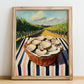 Oyster Mushroom – Green Valley Landscape, Mushrooms Illustration, no-text version framed in wood