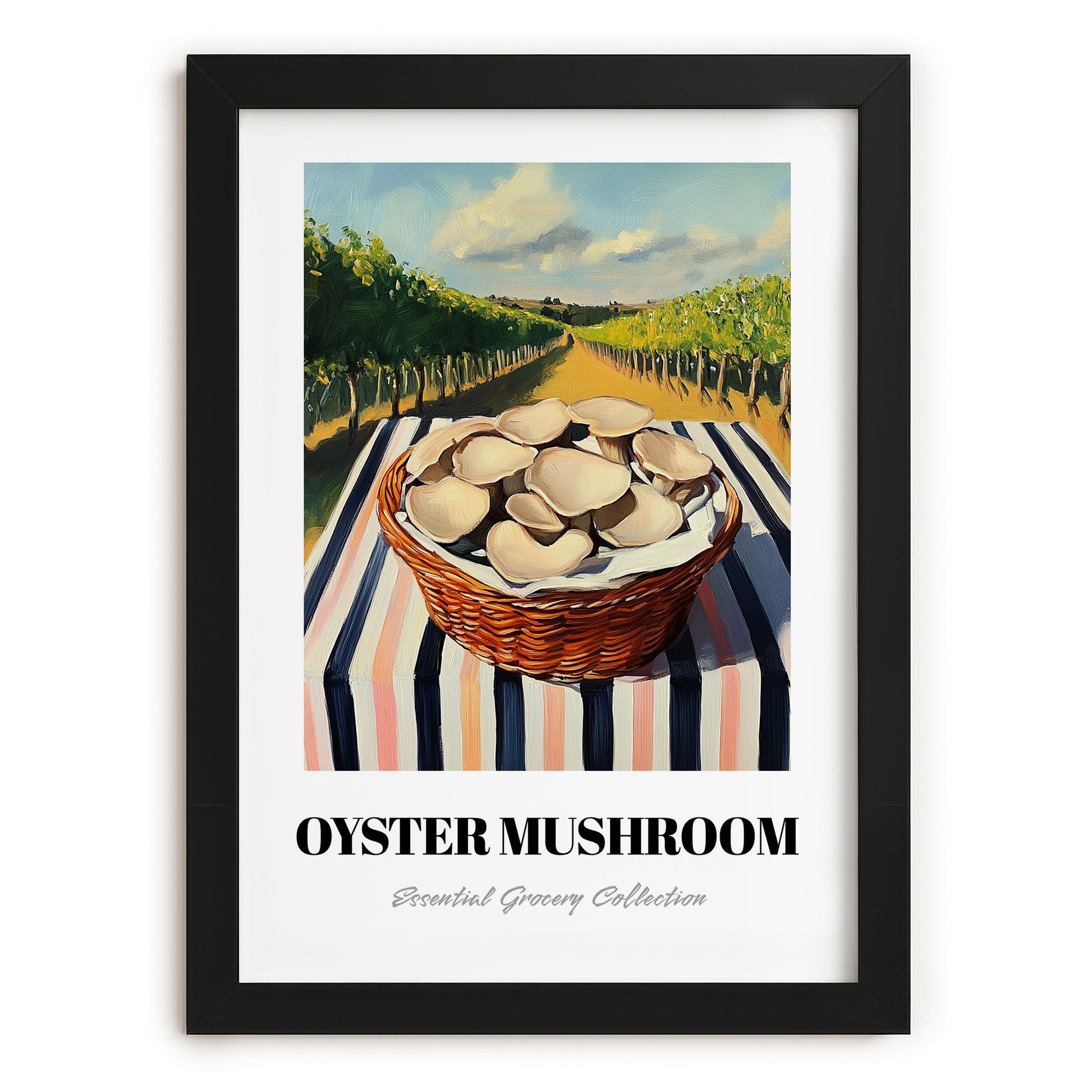 Oyster Mushroom – Green Valley Landscape, Mushrooms Illustration, in sleek black frame