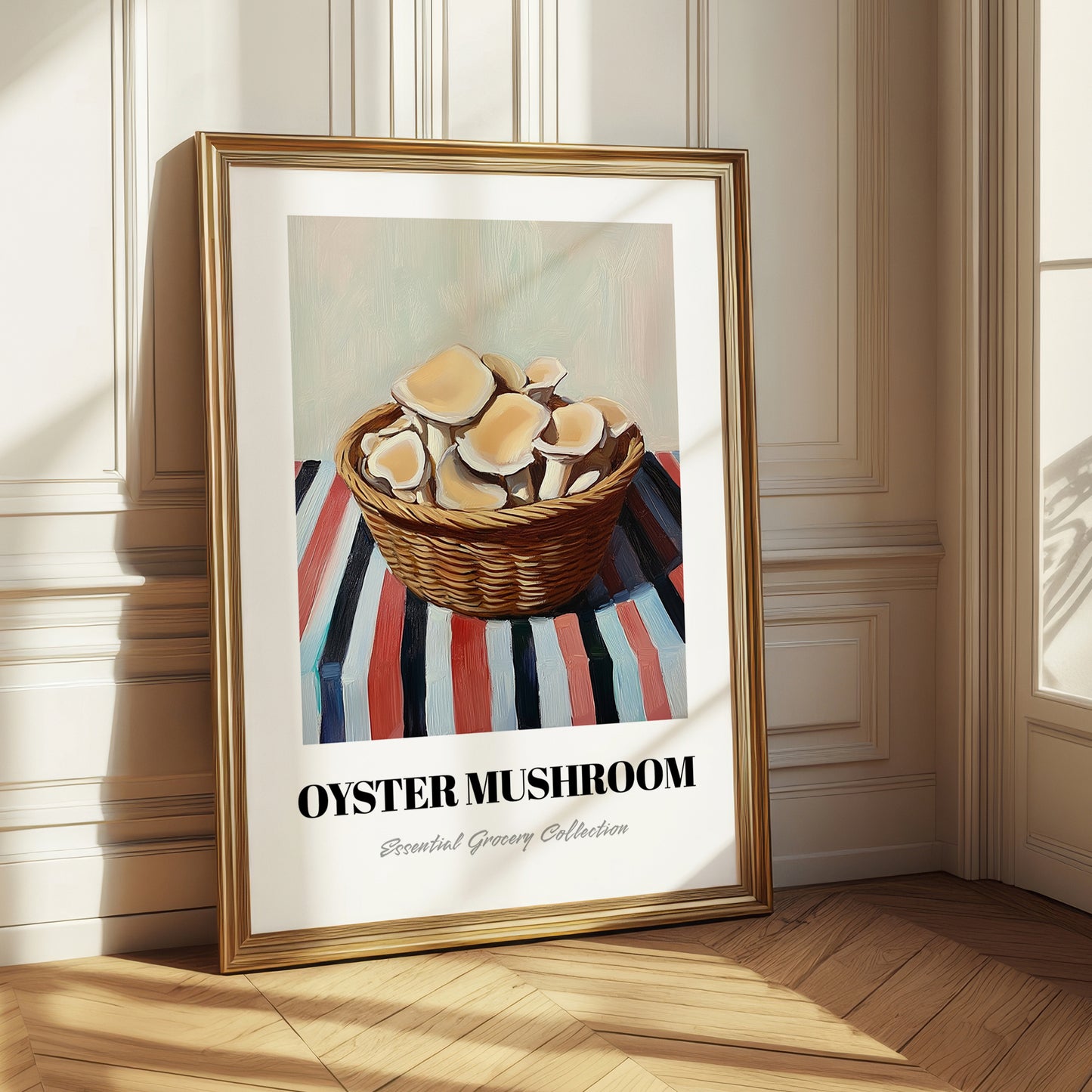 Oyster Mushroom – on Striped Tablecloth, Mushrooms Art