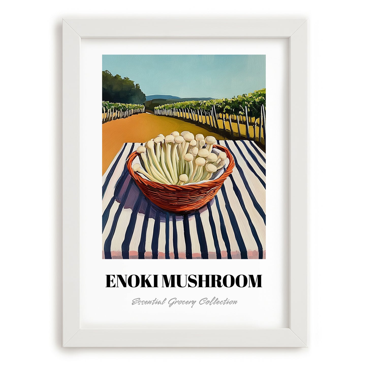 Enoki Mushroom – Green Valley Landscape, Mushrooms Painting, placed in minimal white frame