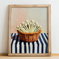Enoki Mushroom – on Striped Tablecloth, Mushrooms Wall Print, no-text version framed in wood