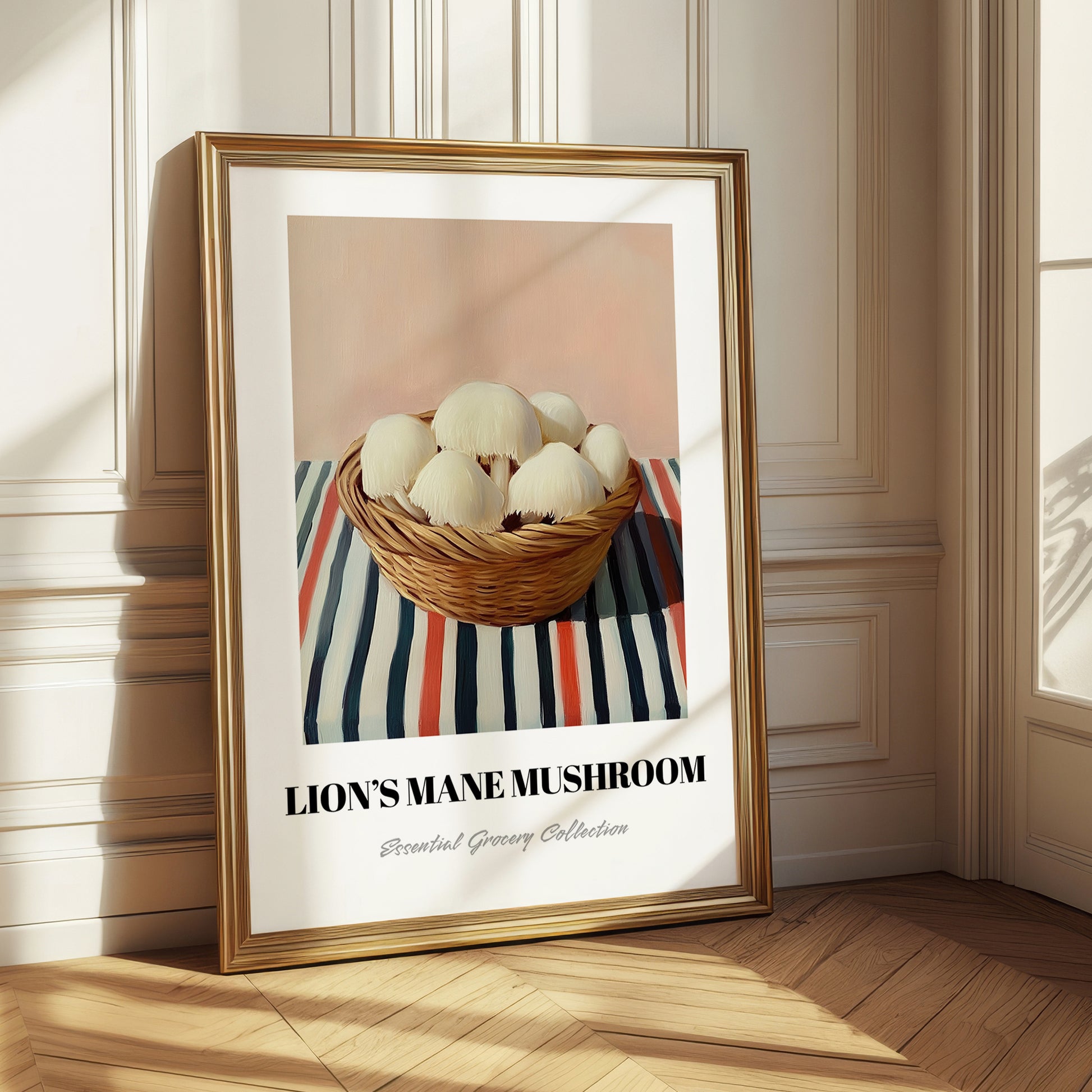Lion’s Mane Mushroom – on Striped Tablecloth, Mushrooms Wall Decor