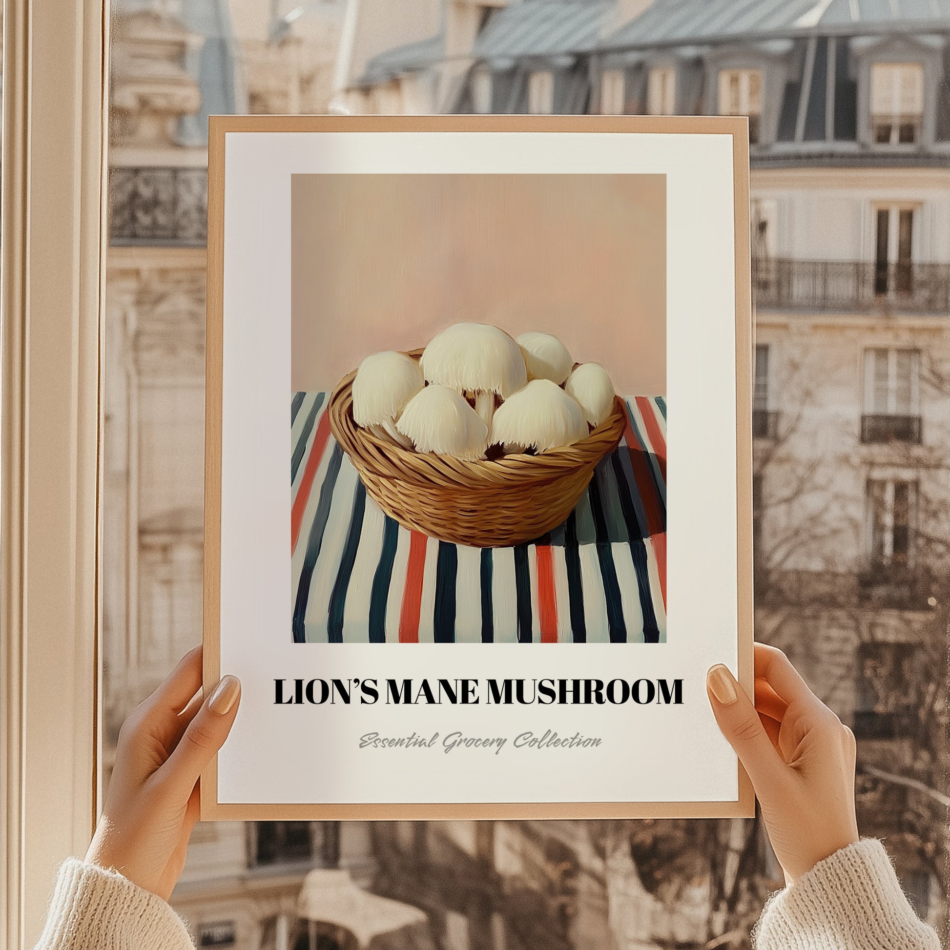 Lion’s Mane Mushroom – on Striped Tablecloth, Mushrooms Wall Decor, styled in a charming Paris street view