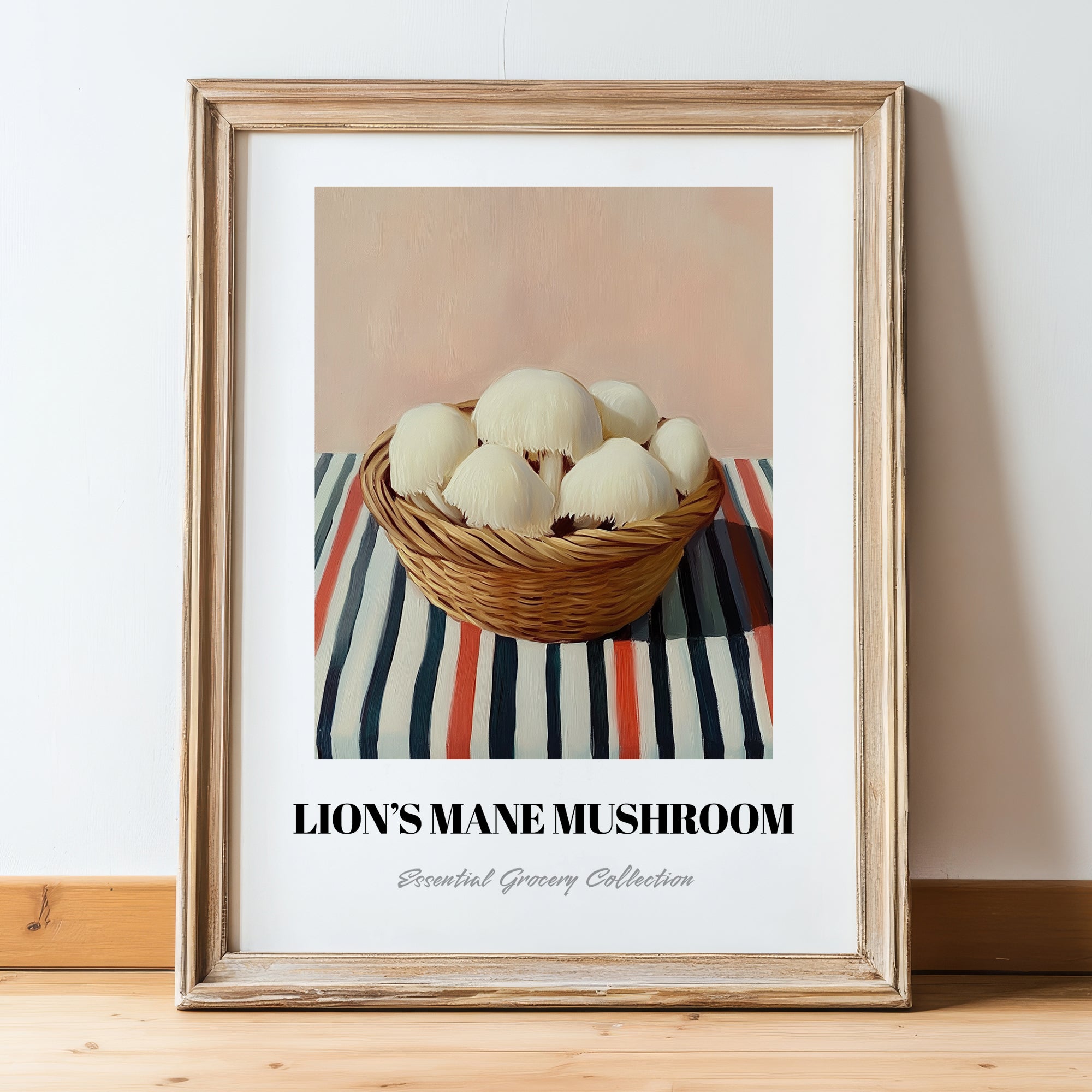 Lion’s Mane Mushroom – on Striped Tablecloth, Mushrooms Wall Decor, in wooden frame leaning on the floor