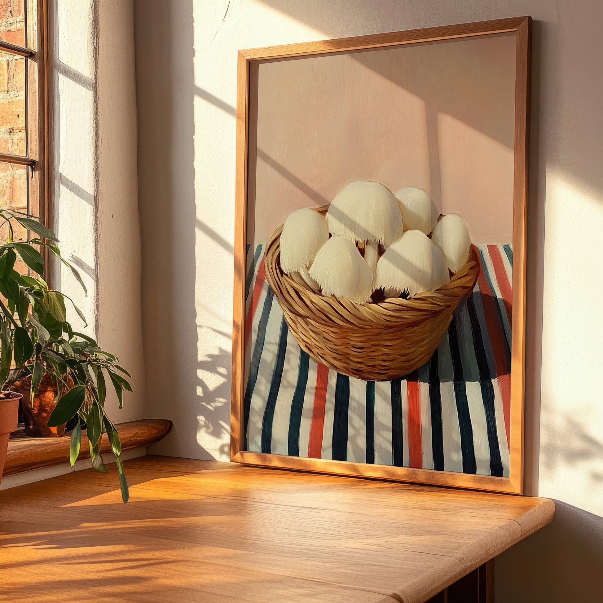 Lion’s Mane Mushroom – on Striped Tablecloth, Mushrooms Wall Decor, clean layout with no caption