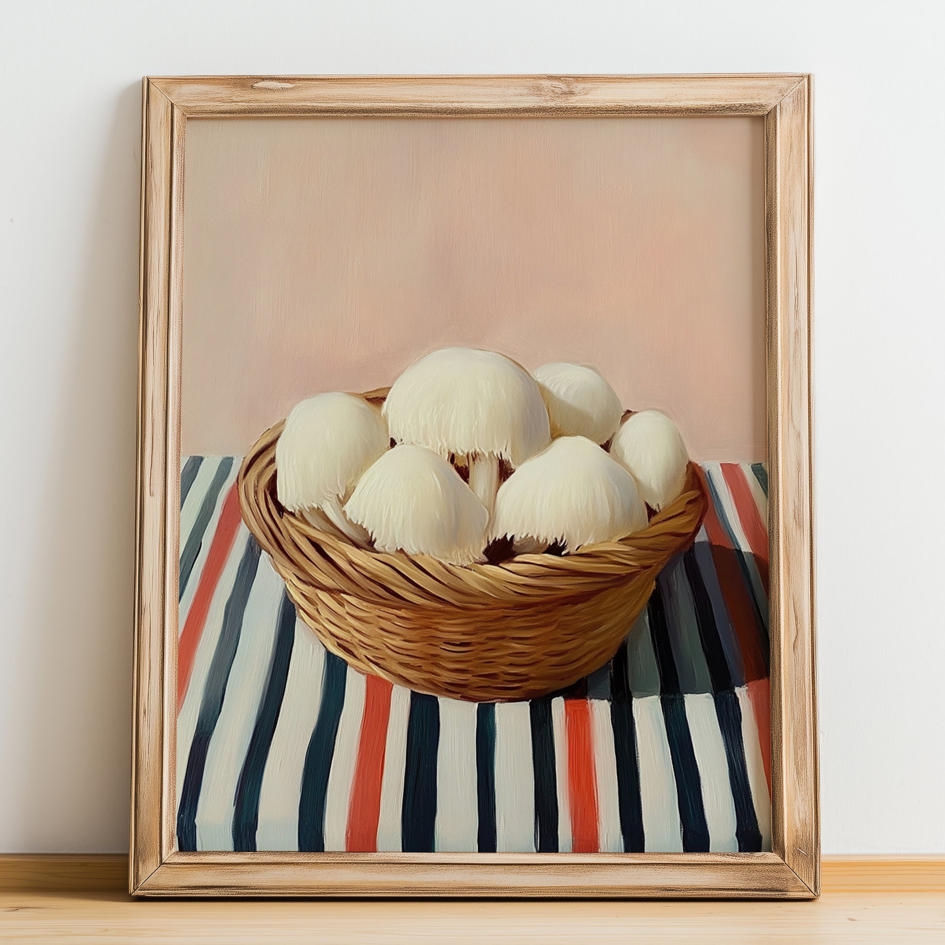 Lion’s Mane Mushroom – on Striped Tablecloth, Mushrooms Wall Decor, no-text version framed in wood