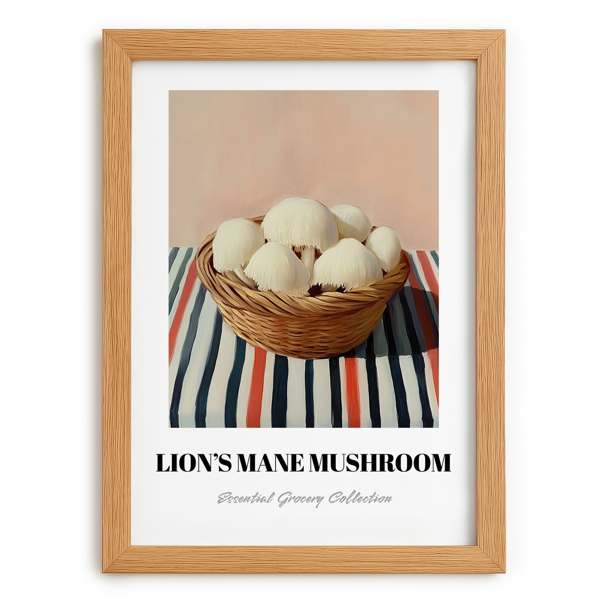 Lion’s Mane Mushroom – on Striped Tablecloth, Mushrooms Wall Decor, set in oak frame