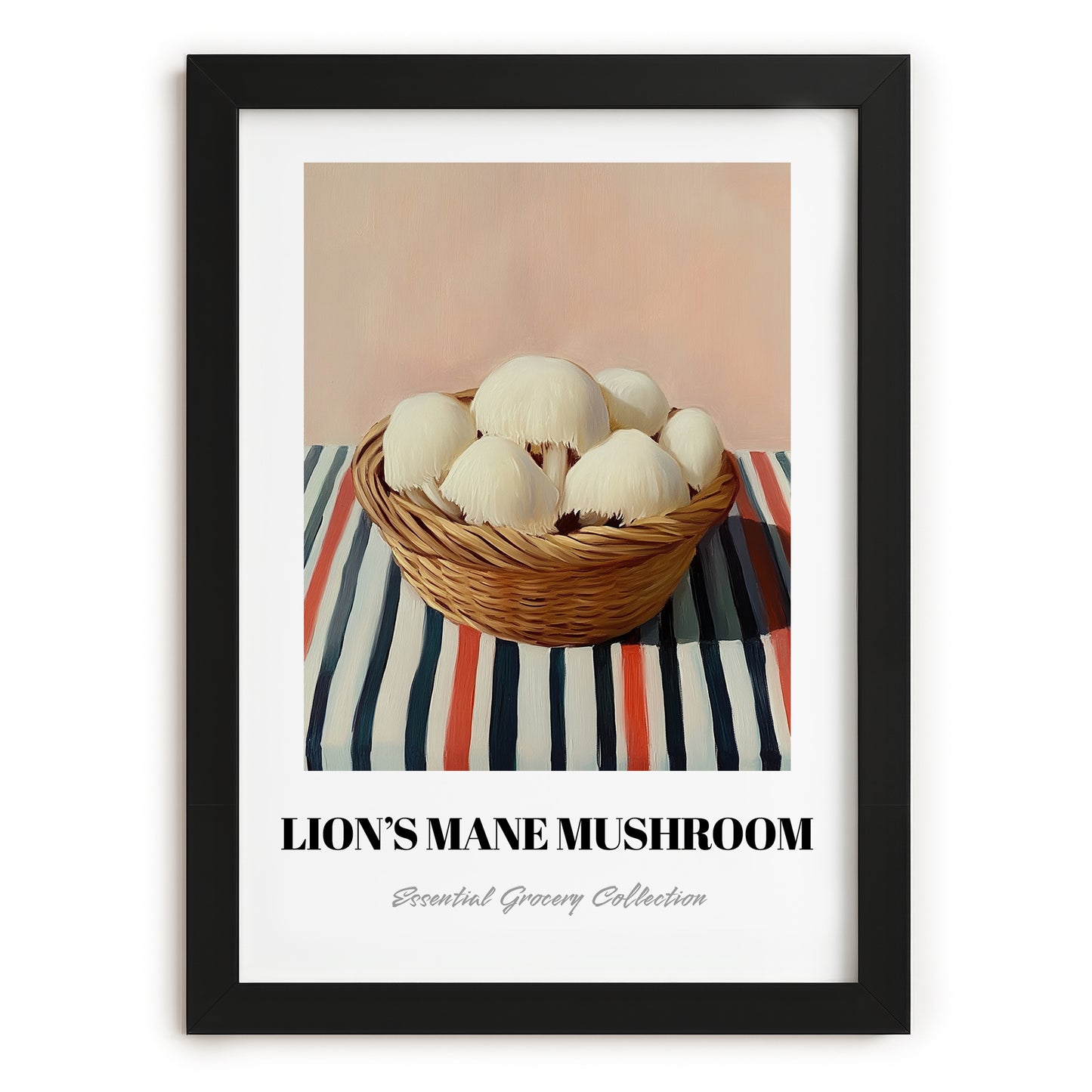 Lion’s Mane Mushroom – on Striped Tablecloth, Mushrooms Wall Decor, in sleek black frame