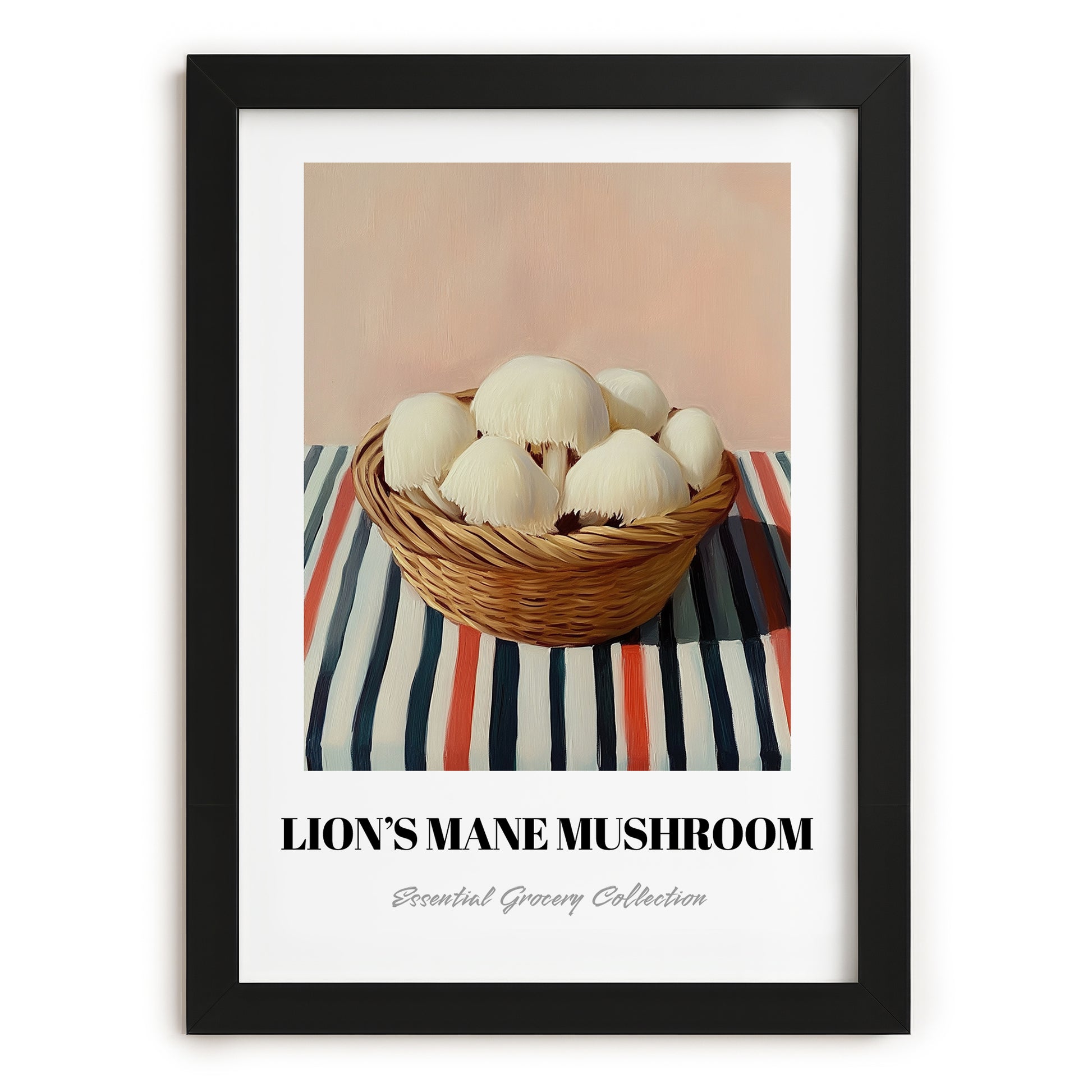 Lion’s Mane Mushroom – on Striped Tablecloth, Mushrooms Wall Decor, in sleek black frame