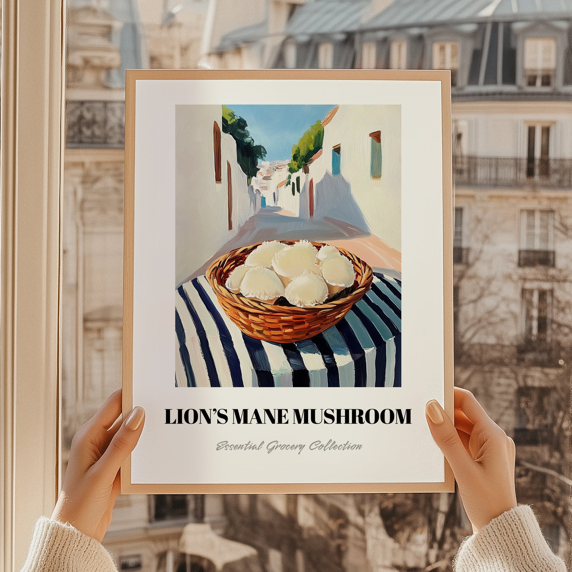 Lion’s Mane Mushroom – White village Café on the Corner, Mushrooms Painting, styled in a charming Paris street view