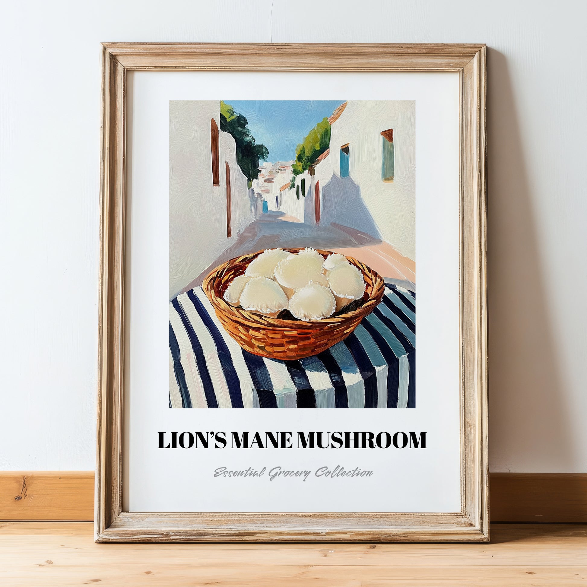Lion’s Mane Mushroom – White village Café on the Corner, Mushrooms Painting, in wooden frame leaning on the floor