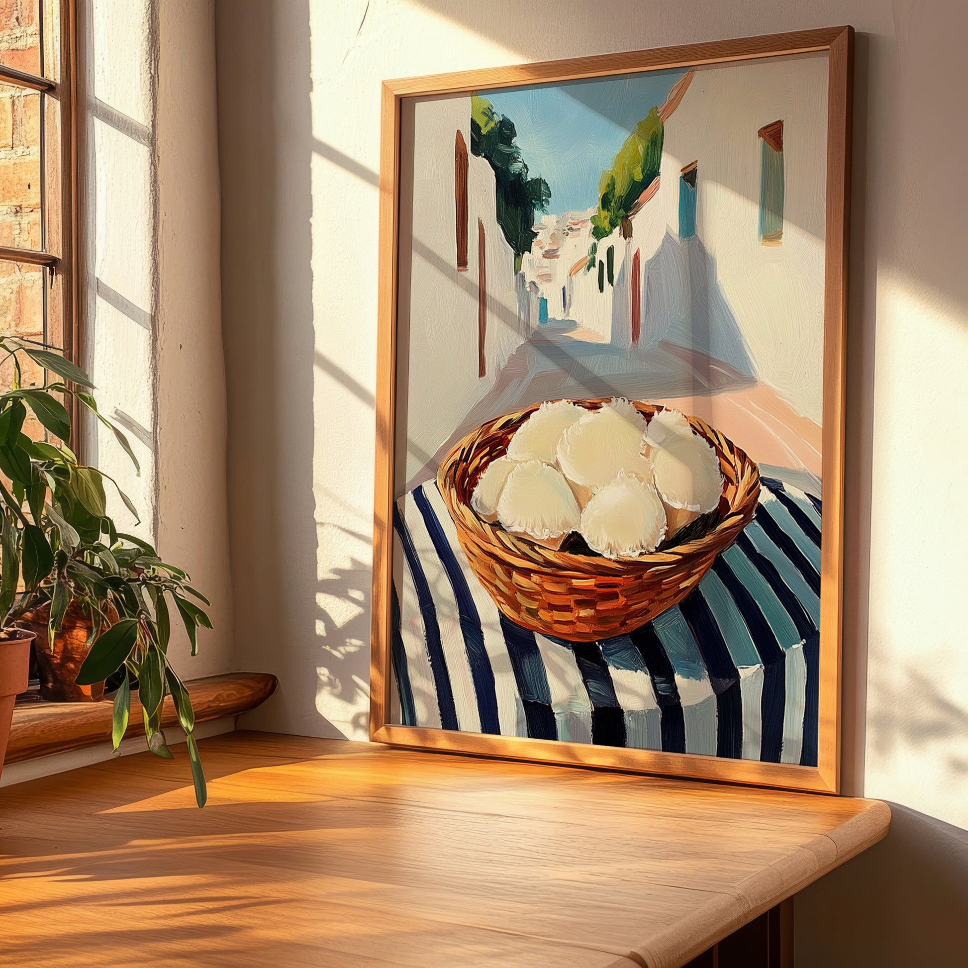 Lion’s Mane Mushroom – White village Café on the Corner, Mushrooms Painting, clean layout with no caption