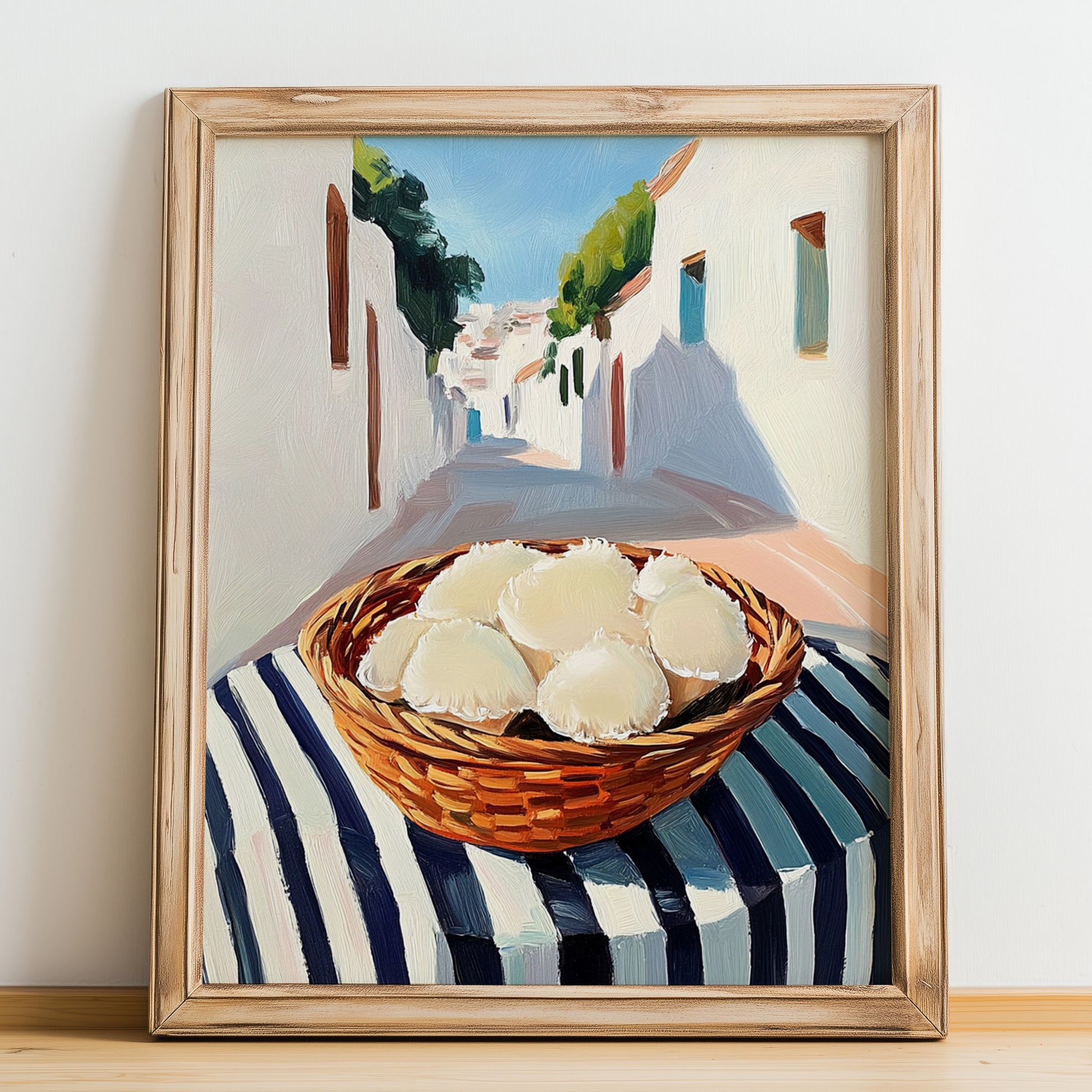 Lion’s Mane Mushroom – White village Café on the Corner, Mushrooms Painting, no-text version framed in wood