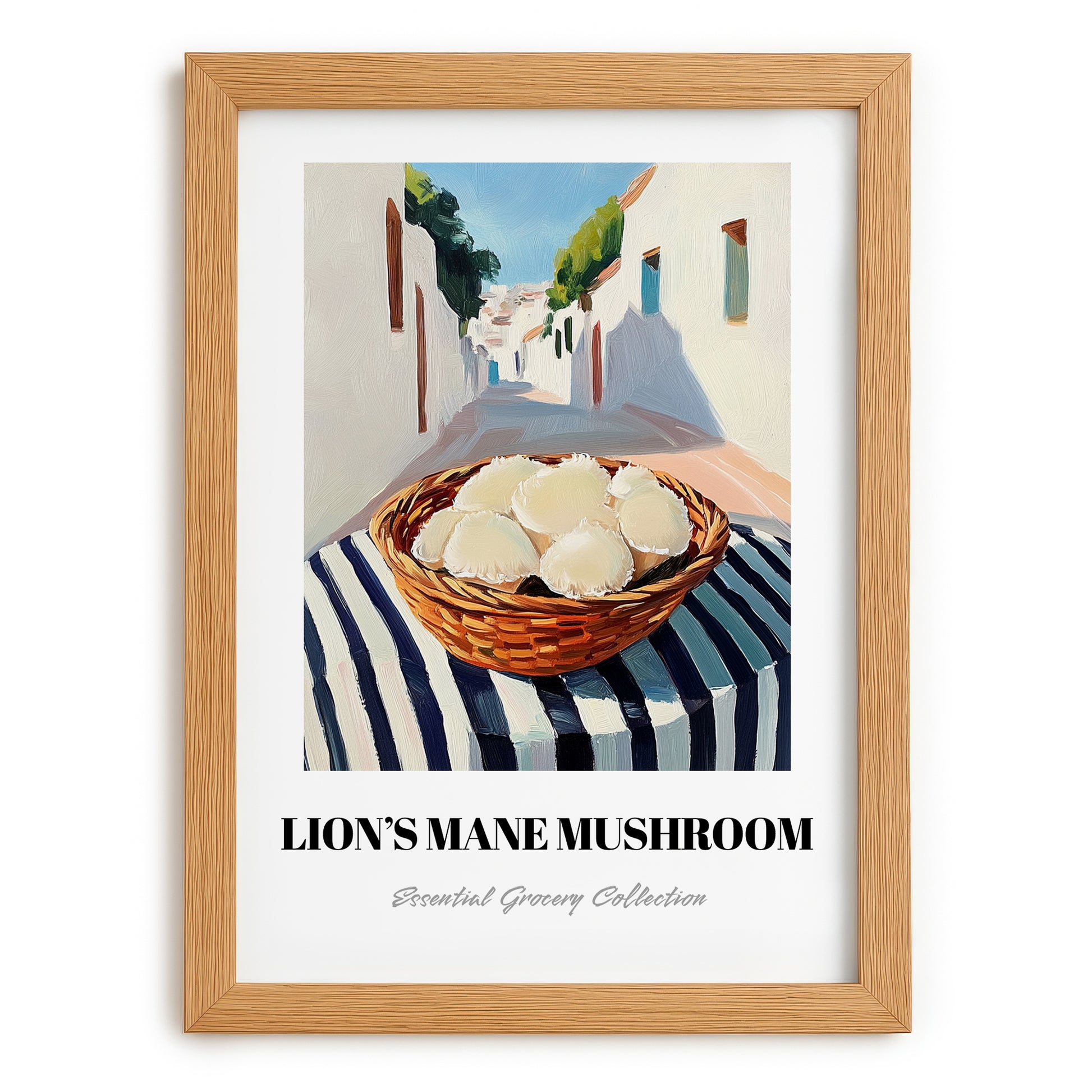 Lion’s Mane Mushroom – White village Café on the Corner, Mushrooms Painting, set in oak frame