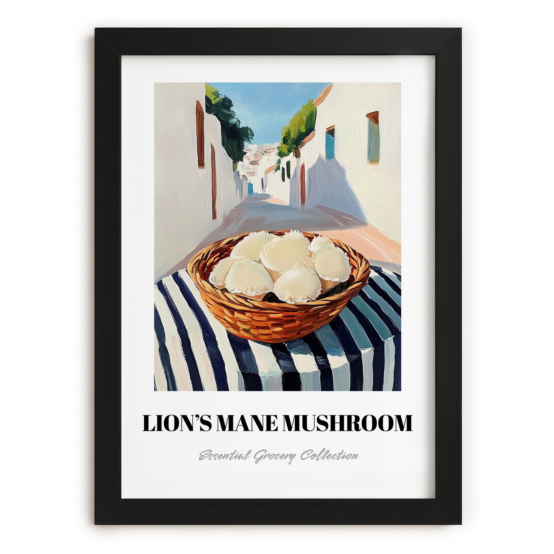 Lion’s Mane Mushroom – White village Café on the Corner, Mushrooms Painting, in sleek black frame