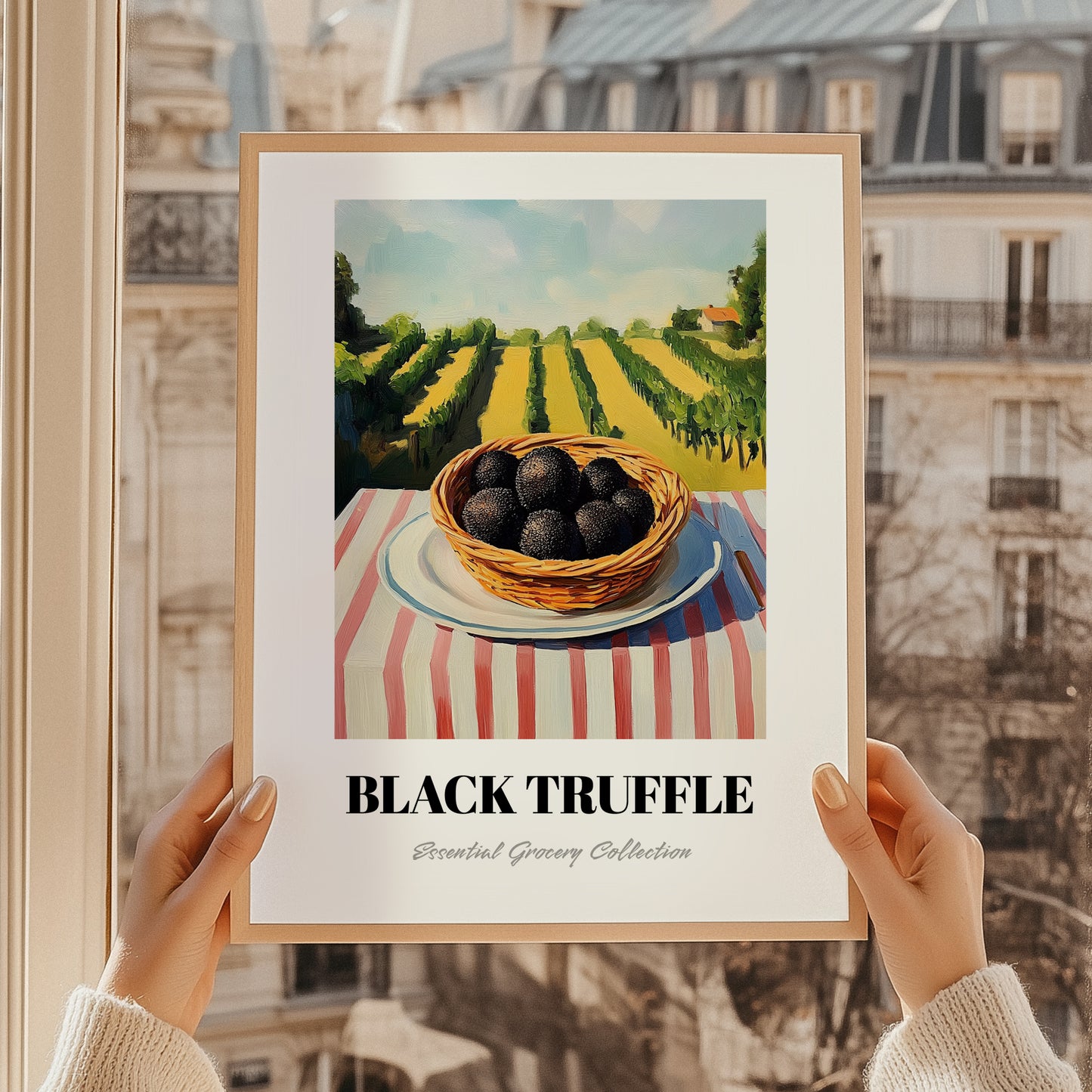 Black Truffle – Green Valley Landscape, Mushrooms Illustration, styled in a charming Paris street view
