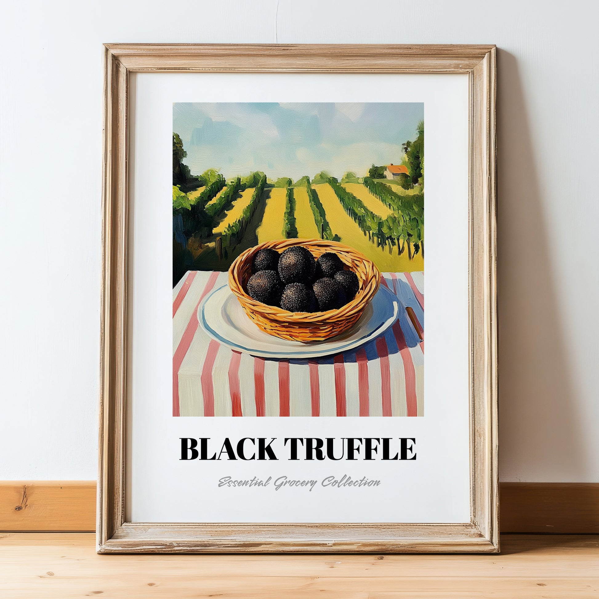 Black Truffle – Green Valley Landscape, Mushrooms Illustration, in wooden frame leaning on the floor