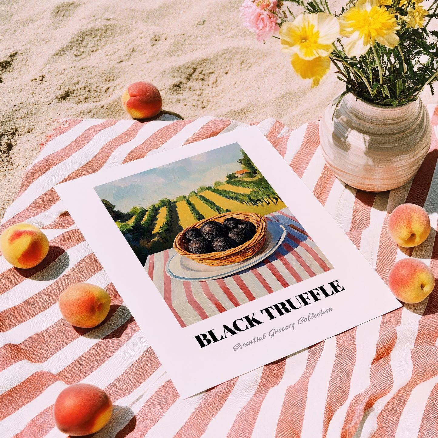 Black Truffle – Green Valley Landscape, Mushrooms Illustration, unframed on coastal sand