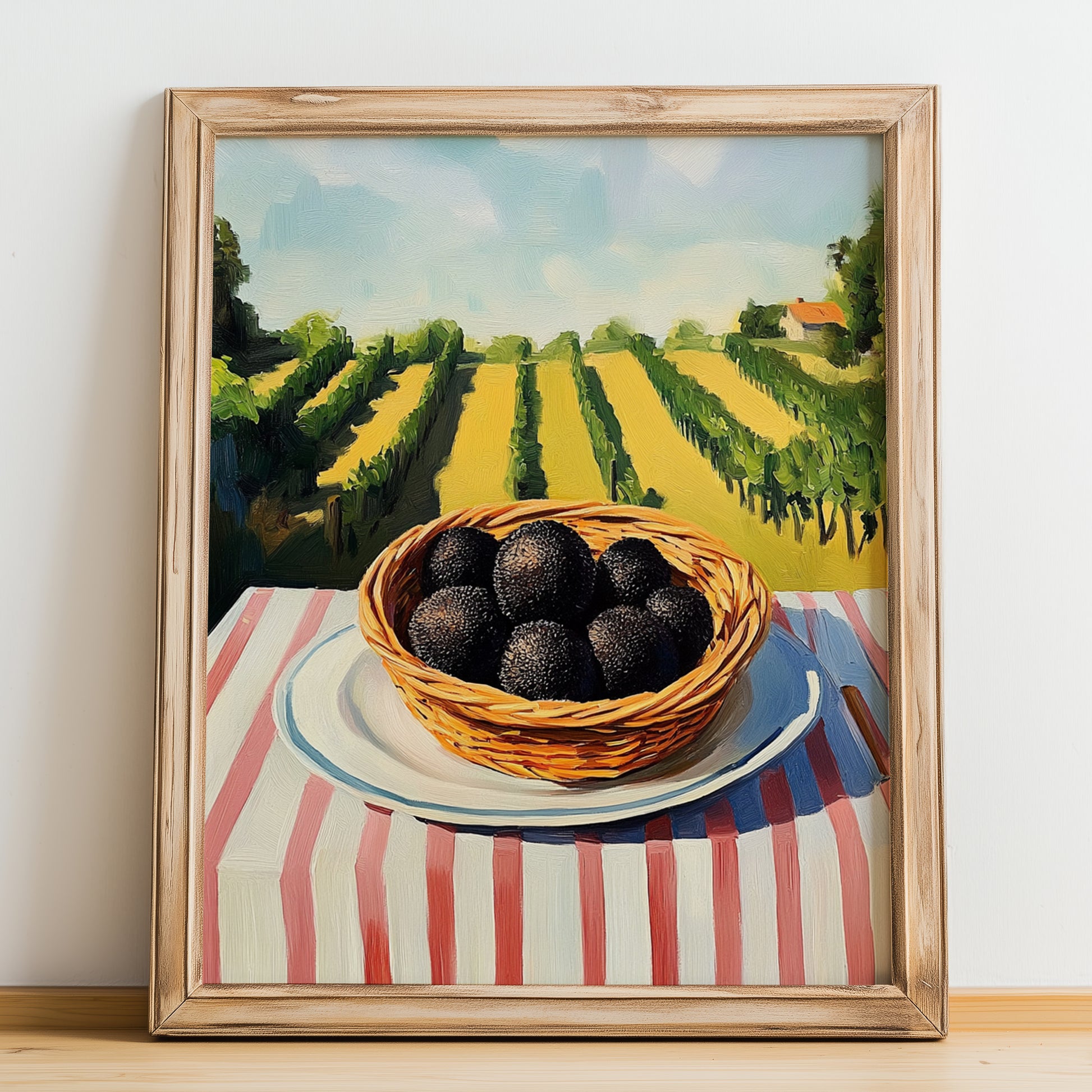 Black Truffle – Green Valley Landscape, Mushrooms Illustration, no-text version framed in wood