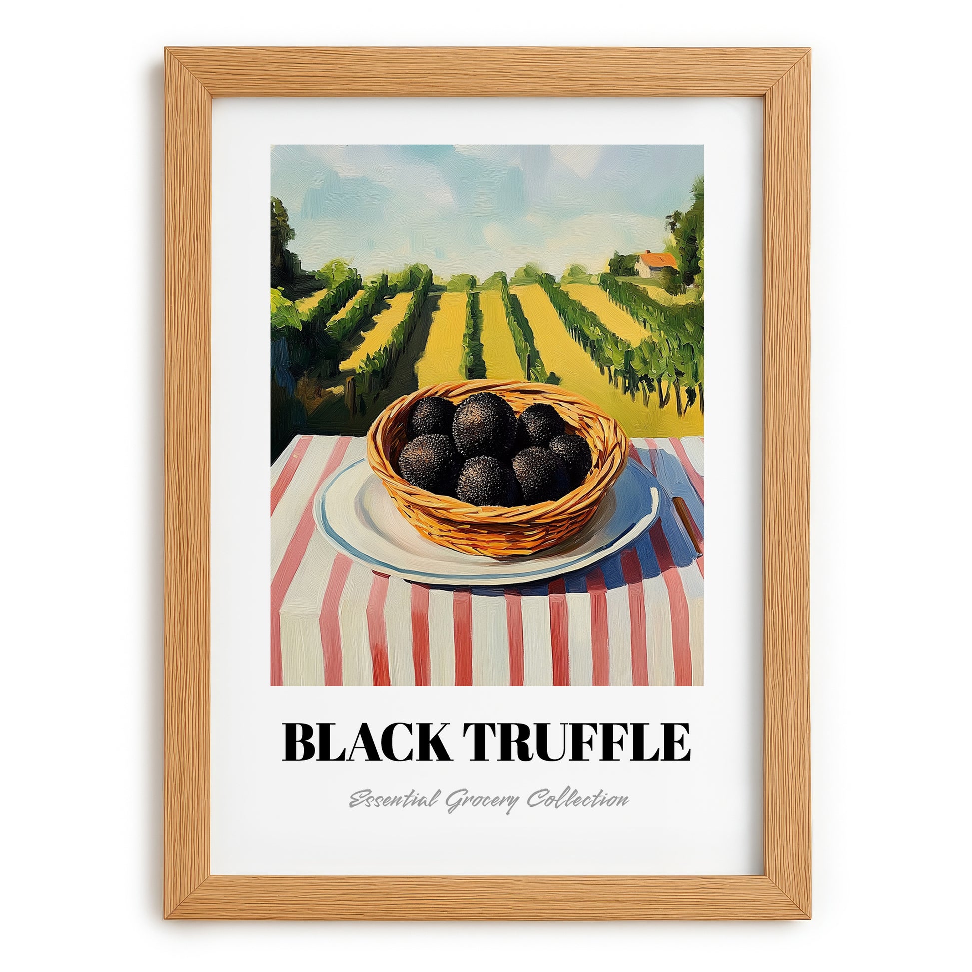 Black Truffle – Green Valley Landscape, Mushrooms Illustration, set in oak frame