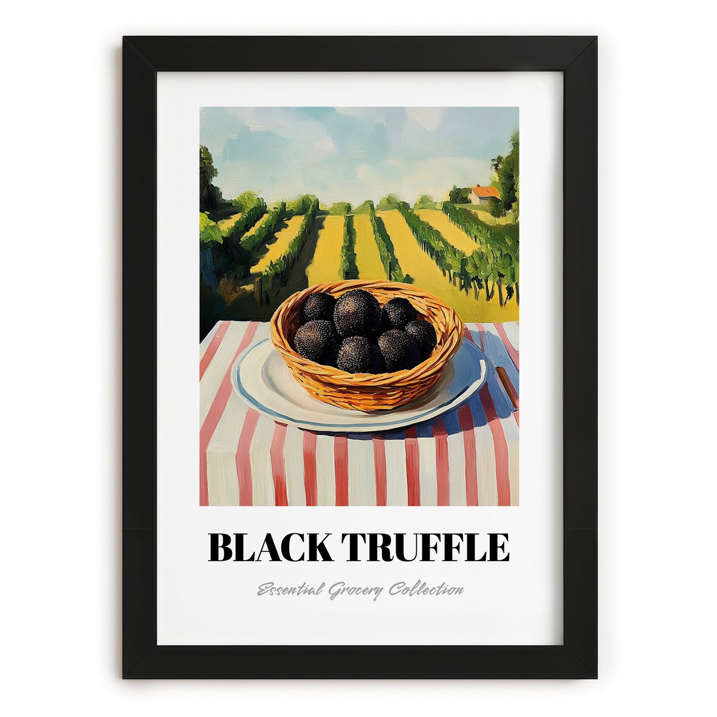 Black Truffle – Green Valley Landscape, Mushrooms Illustration, in sleek black frame