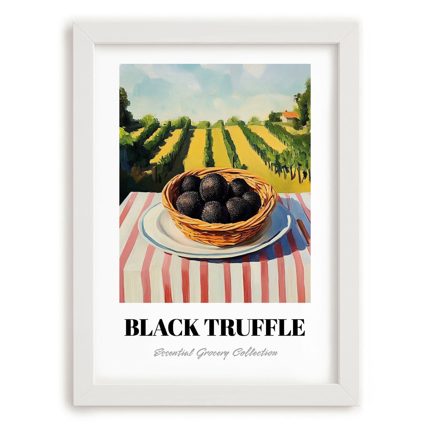 Black Truffle – Green Valley Landscape, Mushrooms Illustration, placed in minimal white frame