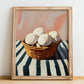 Puffball Mushroom – on Striped Tablecloth, Mushrooms Illustration, no-text version framed in wood
