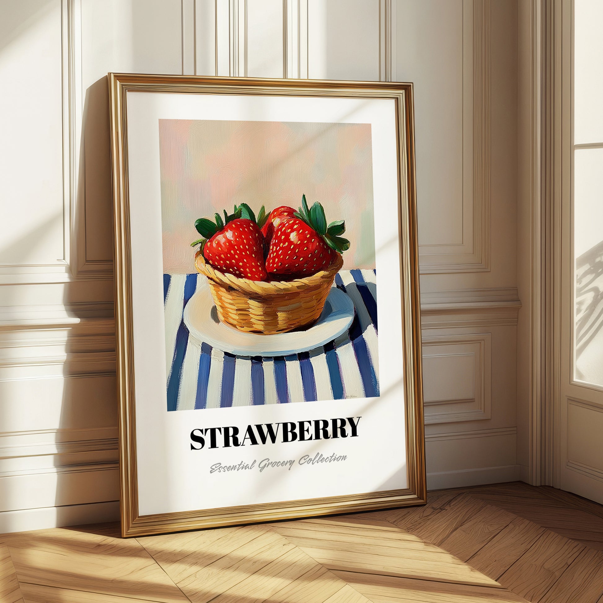 Strawberry – on Striped Tablecloth, Berries Wall Decor