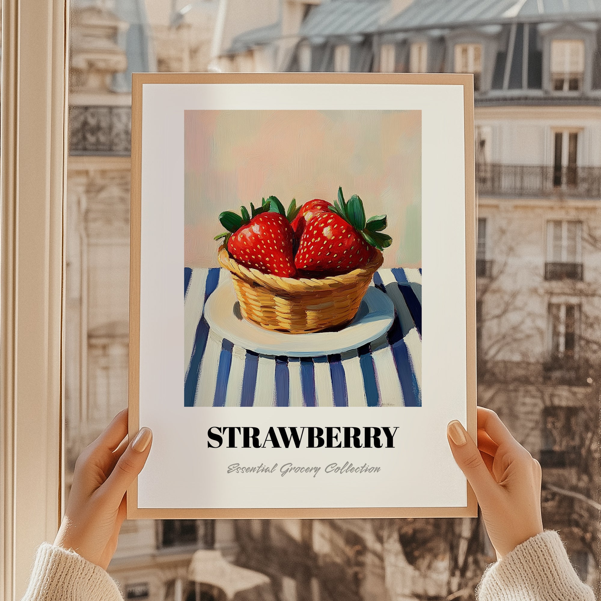Strawberry – on Striped Tablecloth, Berries Wall Decor, styled in a charming Paris street view