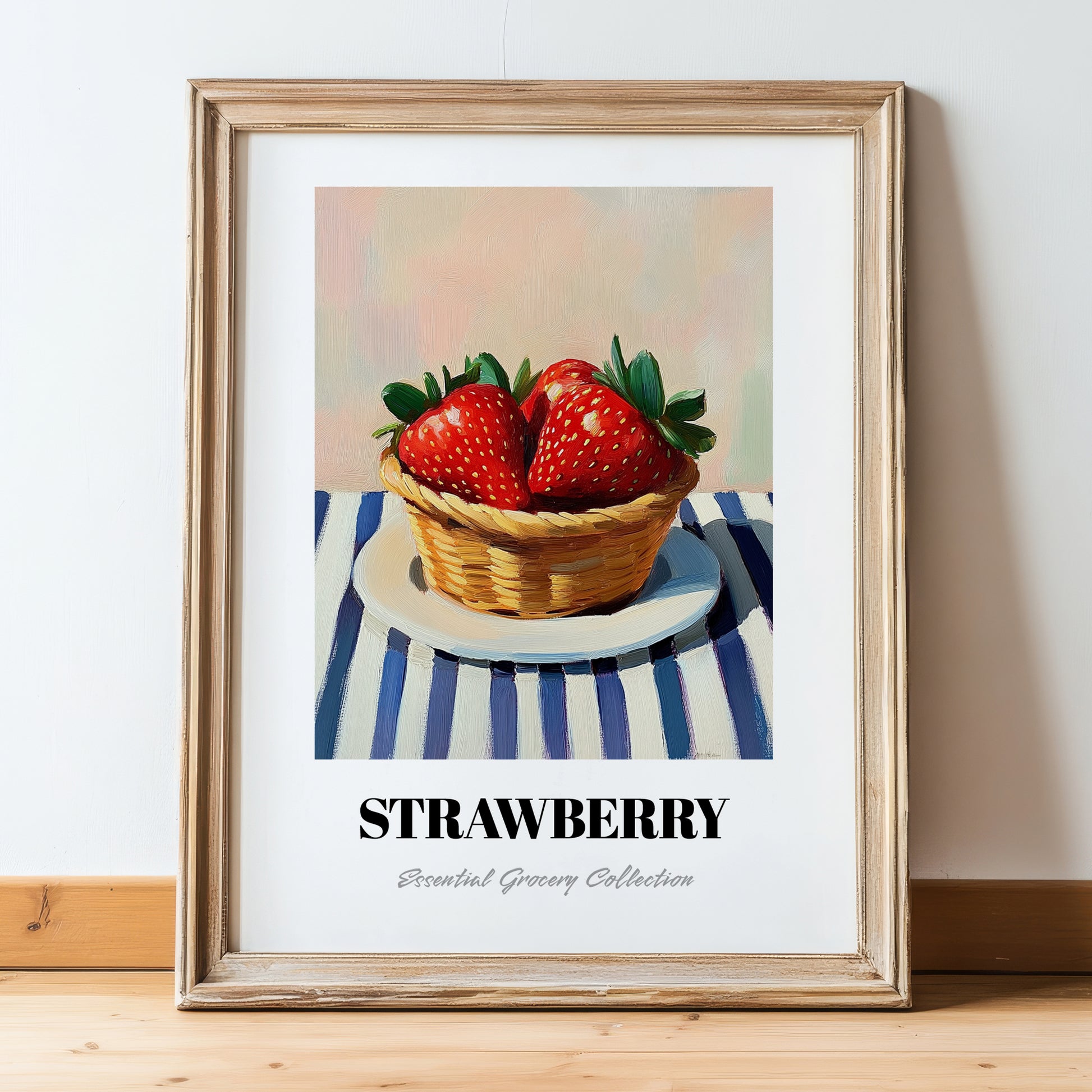 Strawberry – on Striped Tablecloth, Berries Wall Decor, in wooden frame leaning on the floor