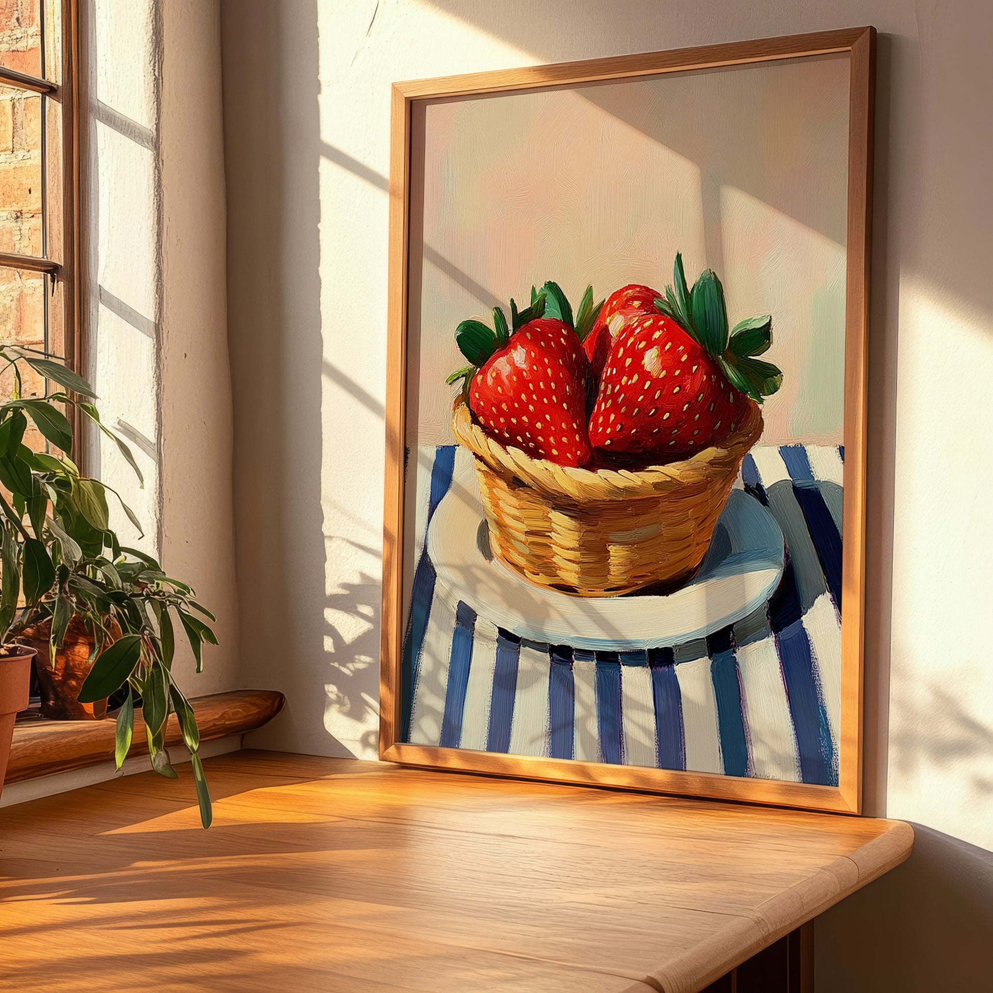 Strawberry – on Striped Tablecloth, Berries Wall Decor, clean layout with no caption
