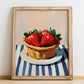 Strawberry – on Striped Tablecloth, Berries Wall Decor, no-text version framed in wood