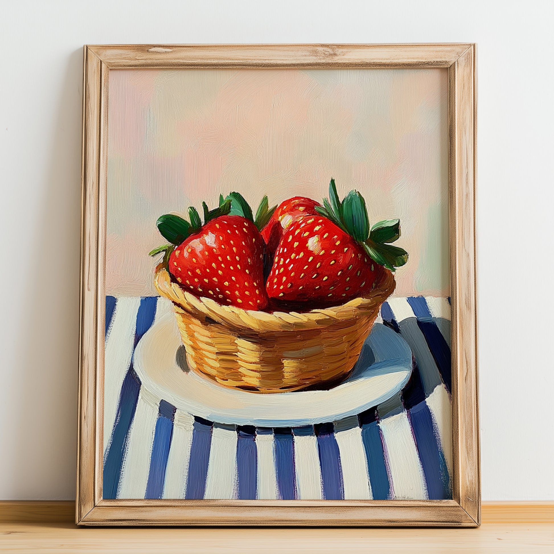 Strawberry – on Striped Tablecloth, Berries Wall Decor, no-text version framed in wood