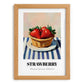 Strawberry – on Striped Tablecloth, Berries Wall Decor, set in oak frame