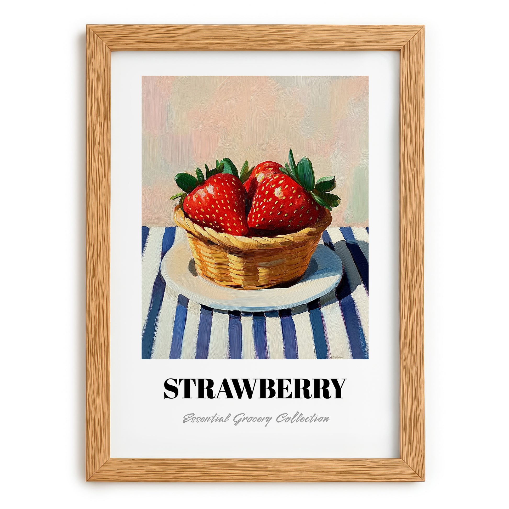 Strawberry – on Striped Tablecloth, Berries Wall Decor, set in oak frame
