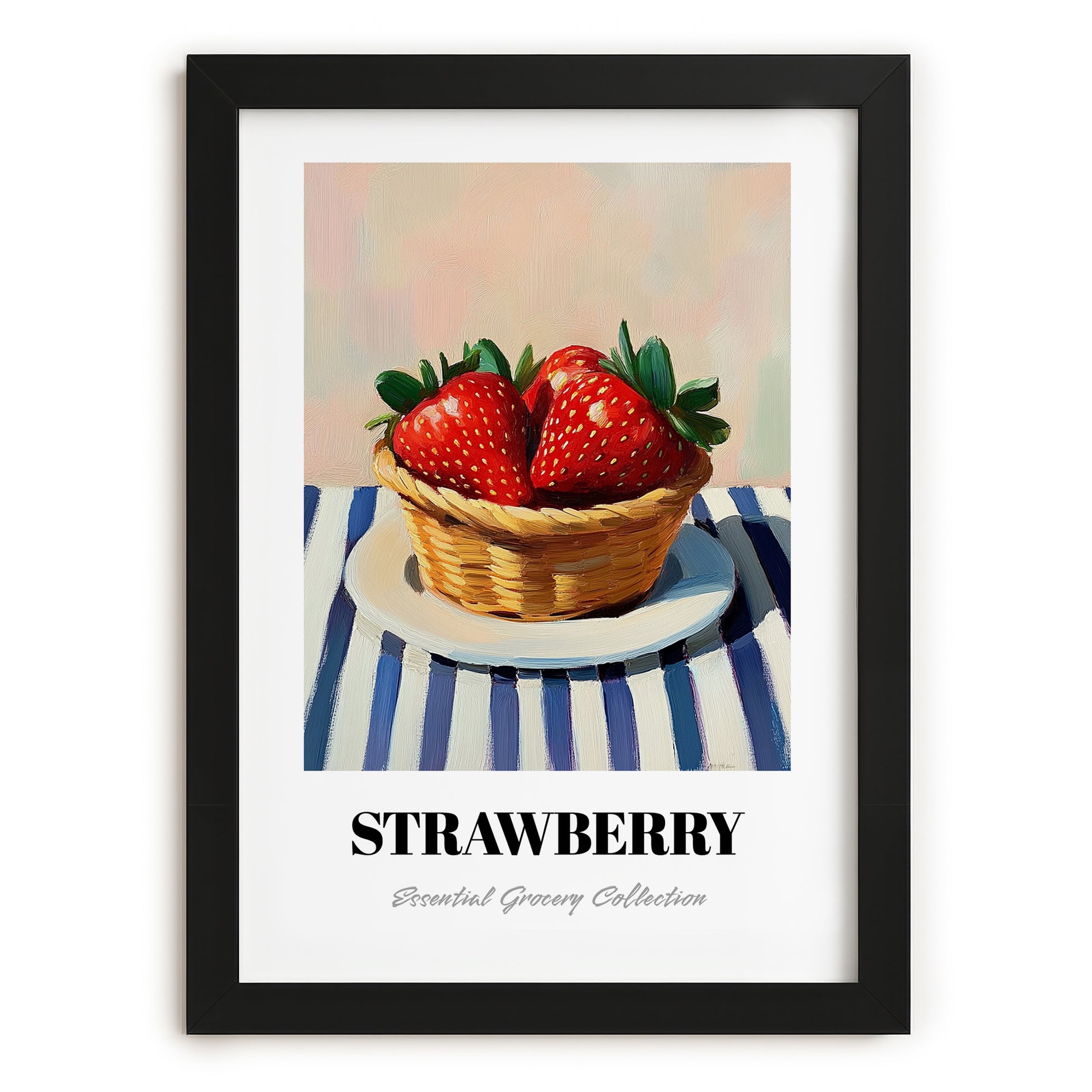 Strawberry – on Striped Tablecloth, Berries Wall Decor, in sleek black frame