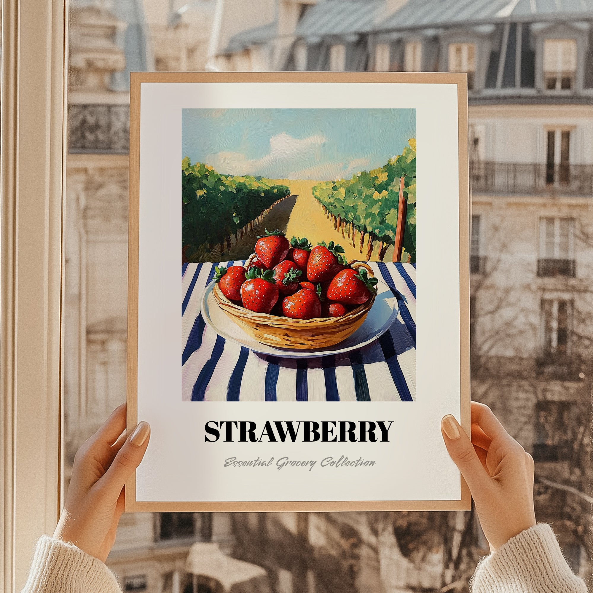 Strawberry – Green Valley Landscape, Berries Wall Decor, styled in a charming Paris street view