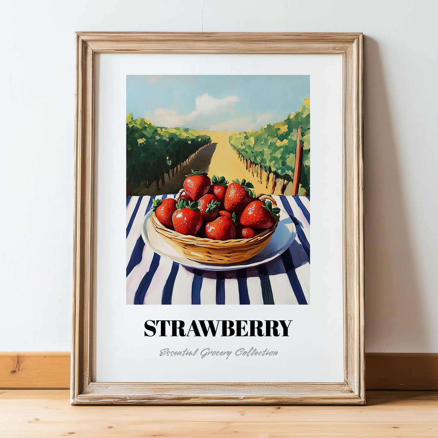 Strawberry – Green Valley Landscape, Berries Wall Decor, in wooden frame leaning on the floor