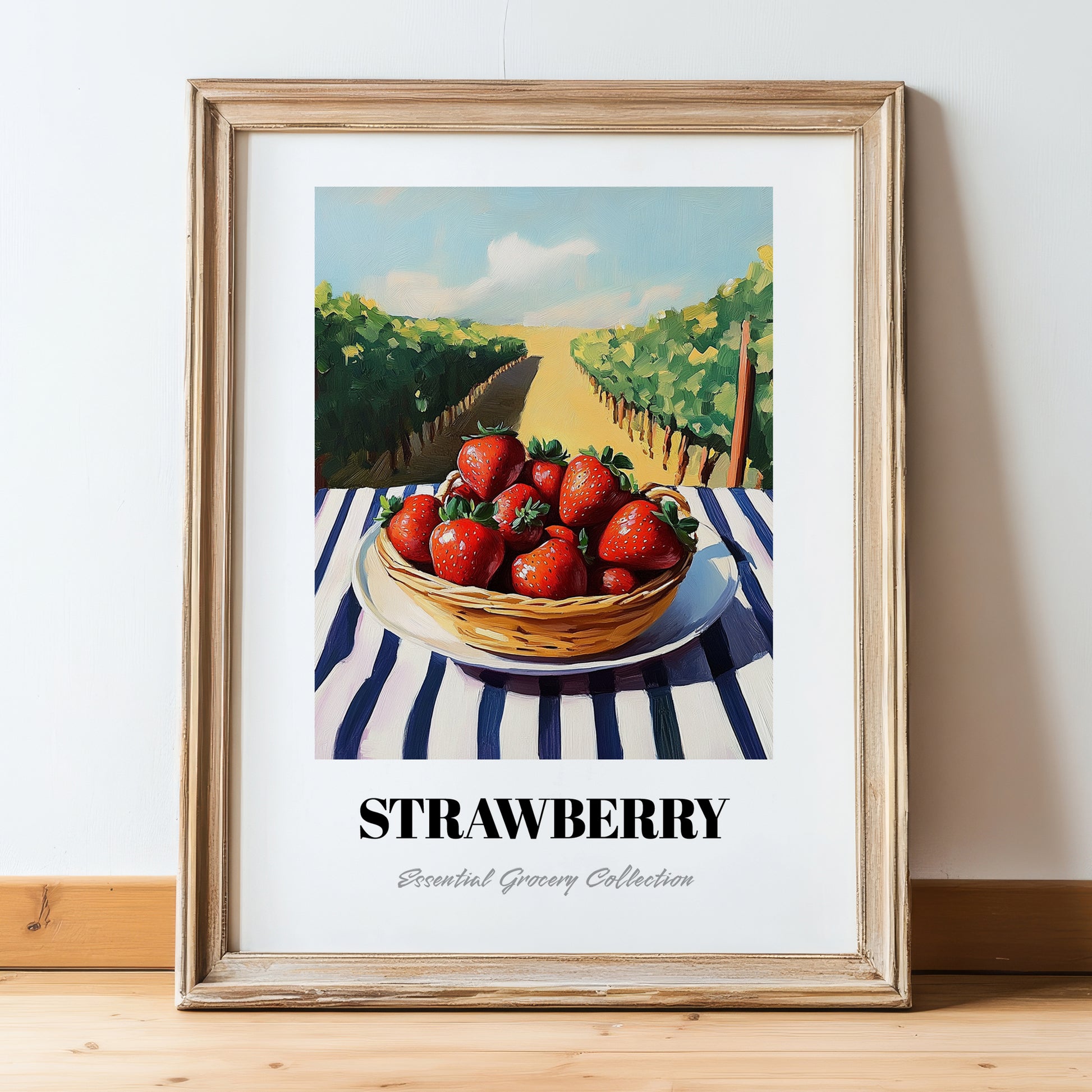 Strawberry – Green Valley Landscape, Berries Wall Decor, in wooden frame leaning on the floor