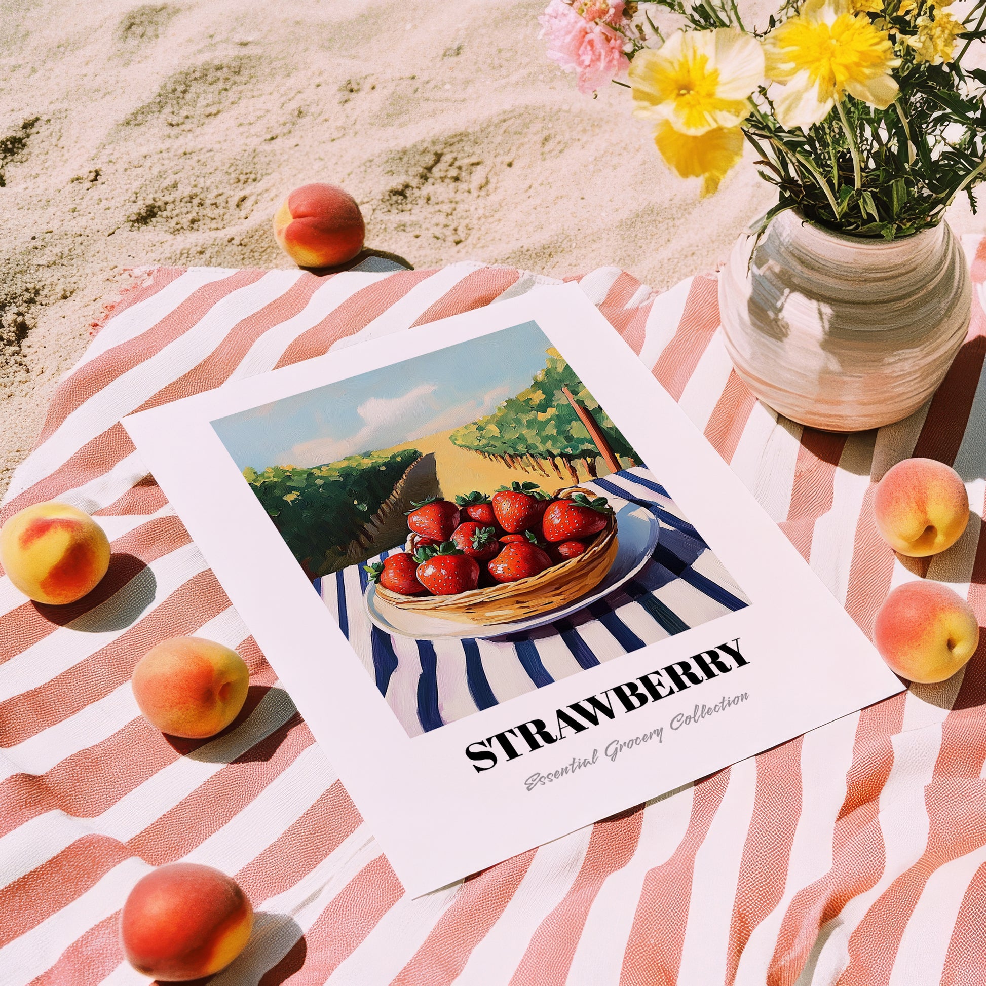 Strawberry – Green Valley Landscape, Berries Wall Decor, unframed on coastal sand