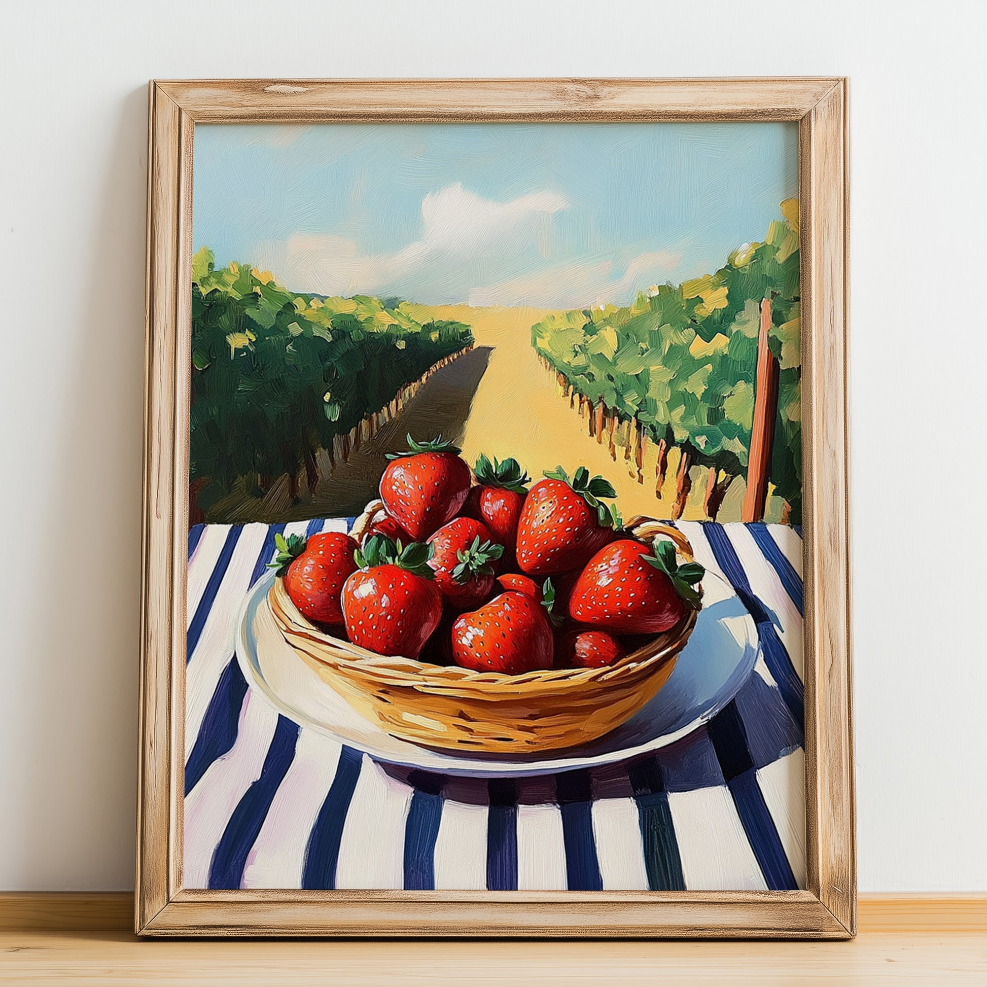 Strawberry – Green Valley Landscape, Berries Wall Decor, no-text version framed in wood