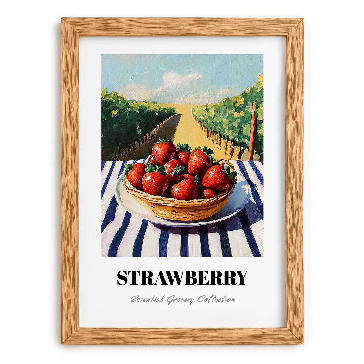 Strawberry – Green Valley Landscape, Berries Wall Decor, set in oak frame