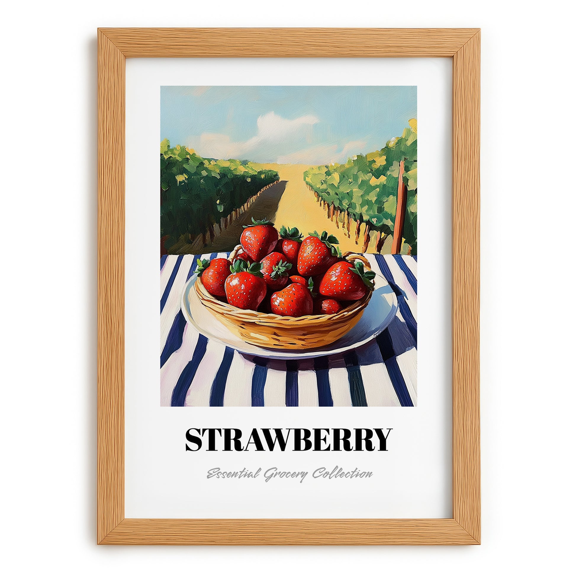 Strawberry – Green Valley Landscape, Berries Wall Decor, set in oak frame