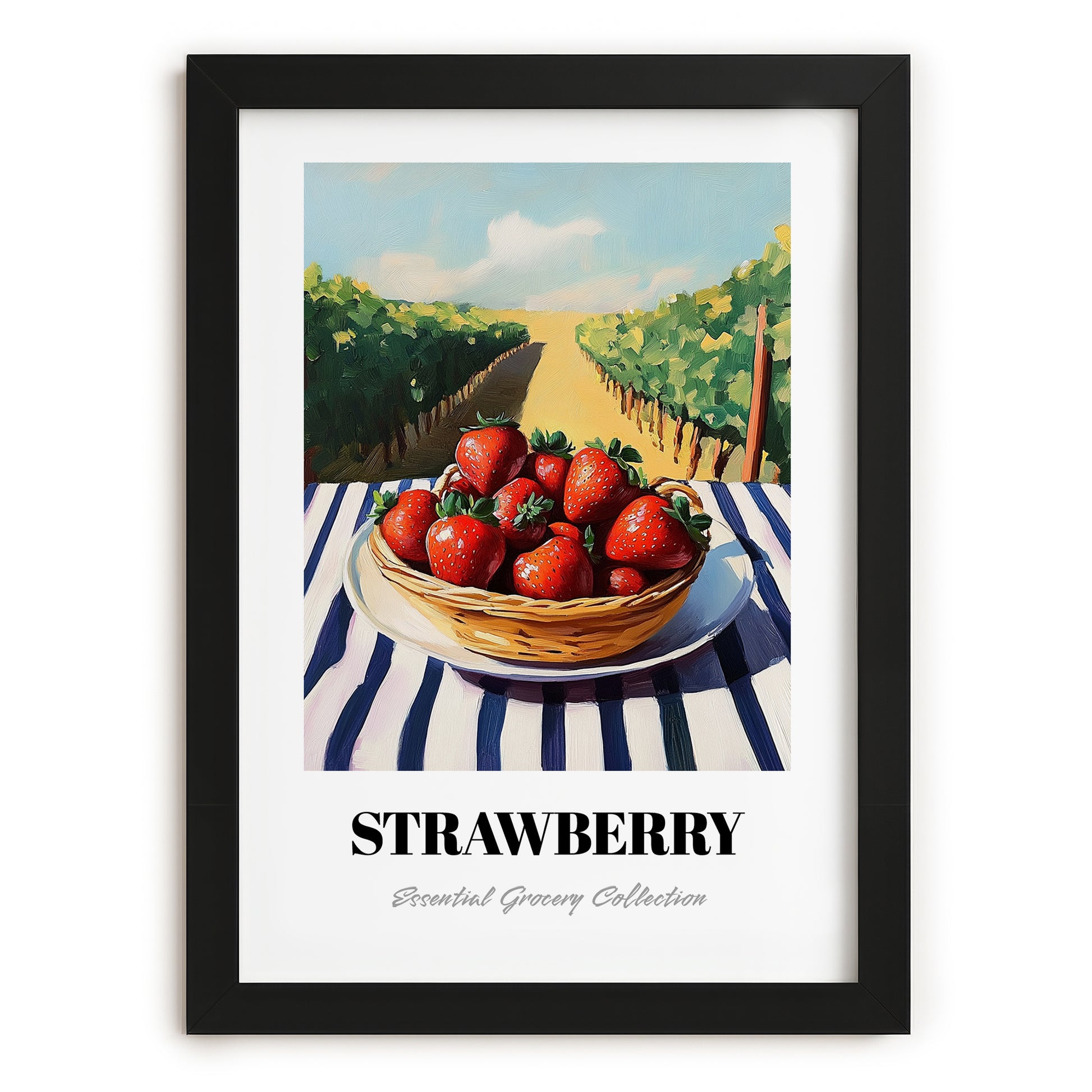 Strawberry – Green Valley Landscape, Berries Wall Decor, in sleek black frame
