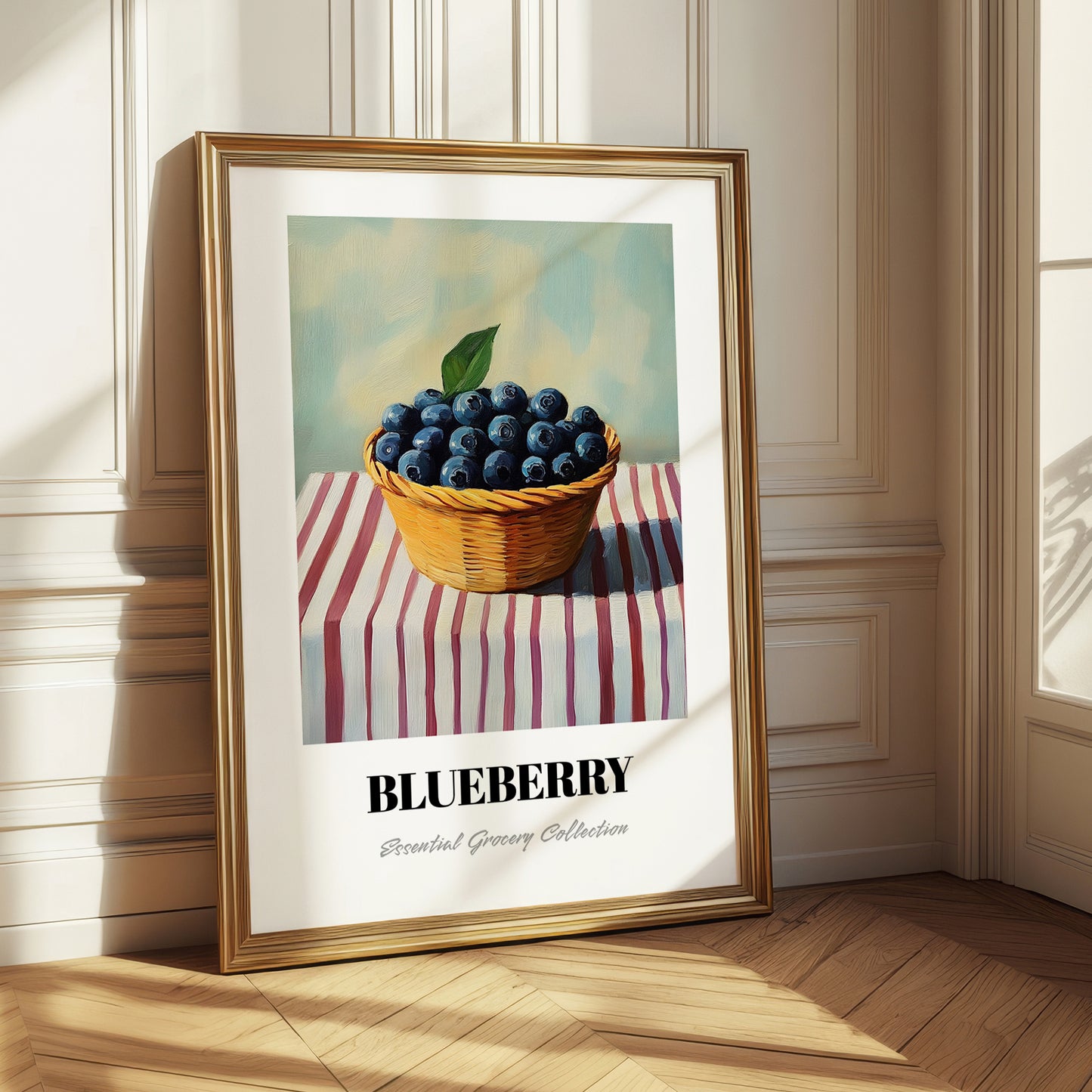 Blueberry – on Striped Tablecloth, Berries Poster