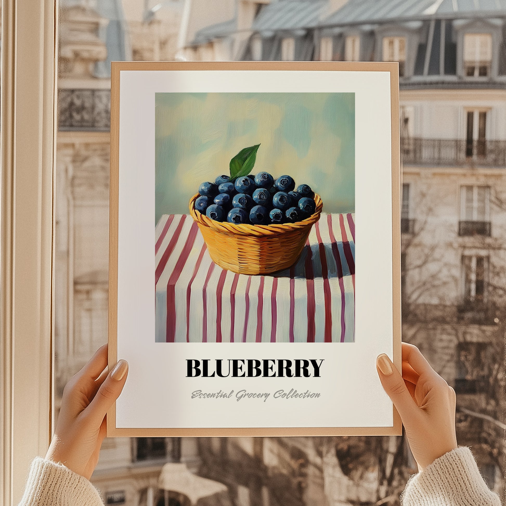 Blueberry – on Striped Tablecloth, Berries Poster, styled in a charming Paris street view